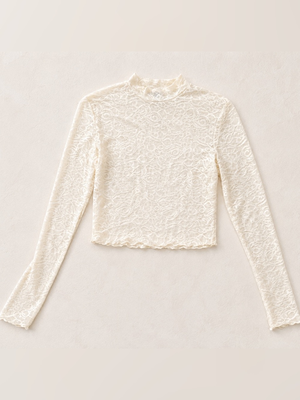 Forever 21 Cream Lace Mock-Neck Long Sleeve Top / Size Large Sheer Lace Shirt - Picture 2 of 6